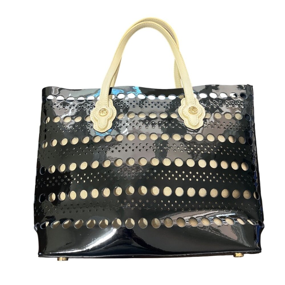 Spartina 449 Black Patent Leather Tote Bag Laser-Cut Dots With Beige Handles - Picture 2 of 7